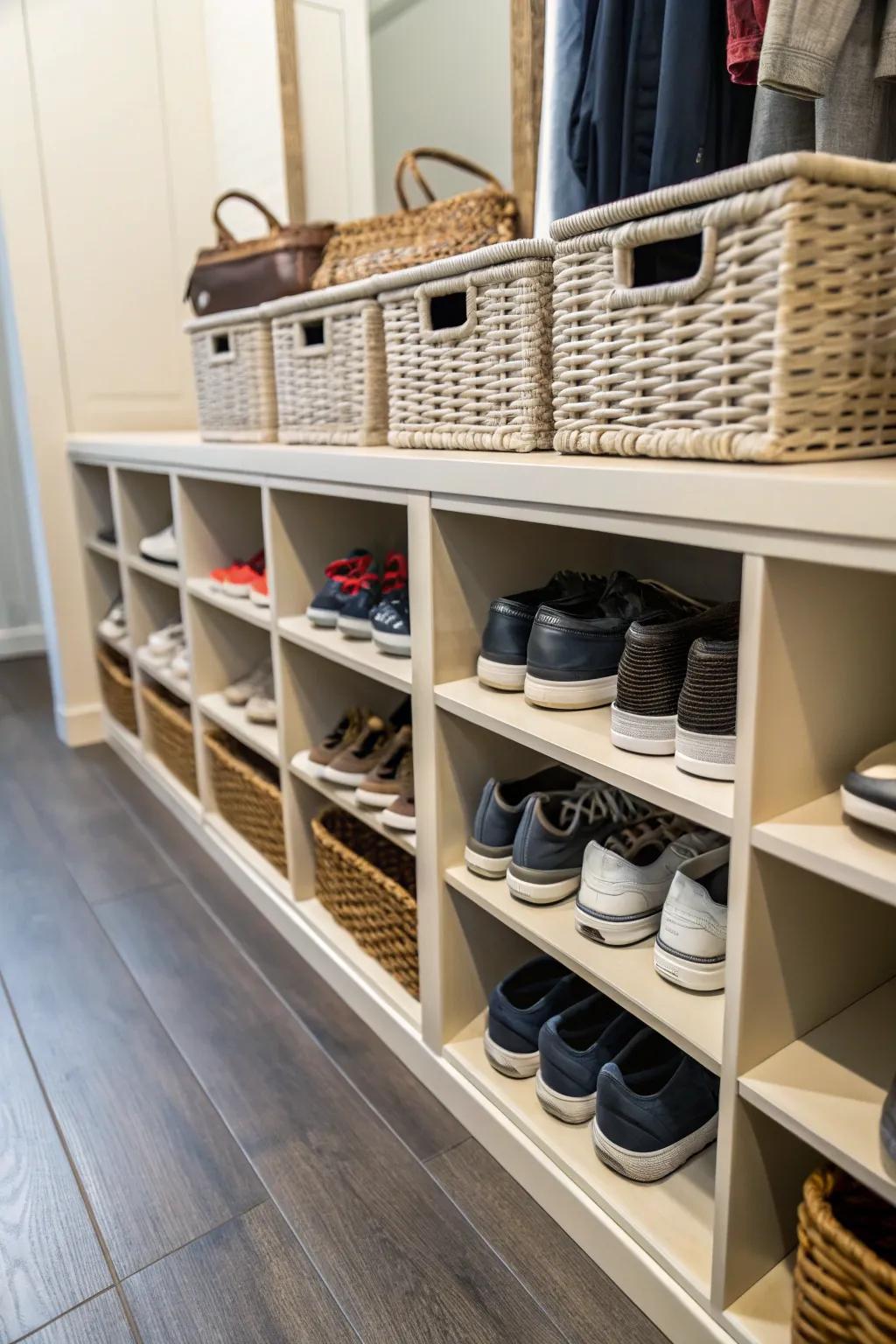 Custom basket cubbies offer a refined and tailored shoe storage solution.