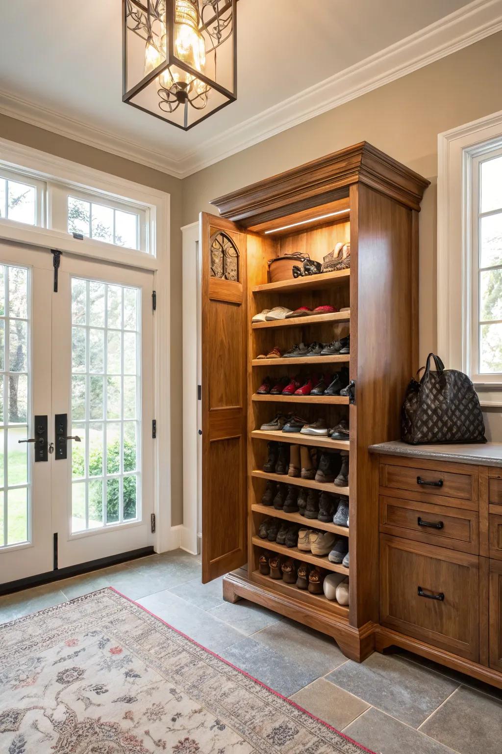 A customized built-in shoe cabinet tailored for the entryway.