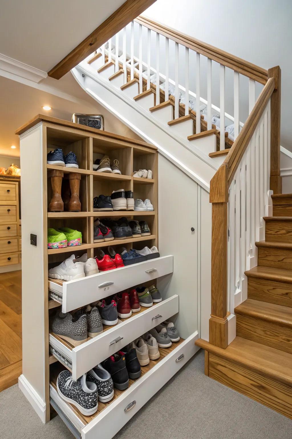 Under-stair nooks convert overlooked space into a footwear haven.