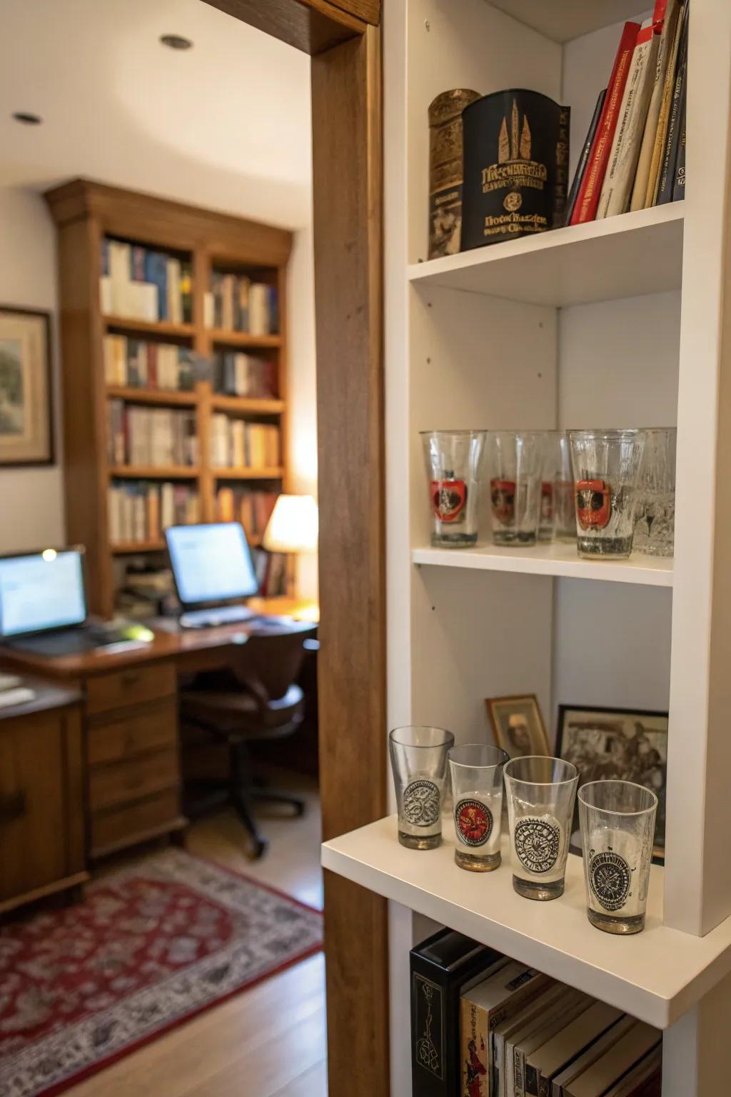 A study featuring a corner display element creatively arranged with shot glasses.