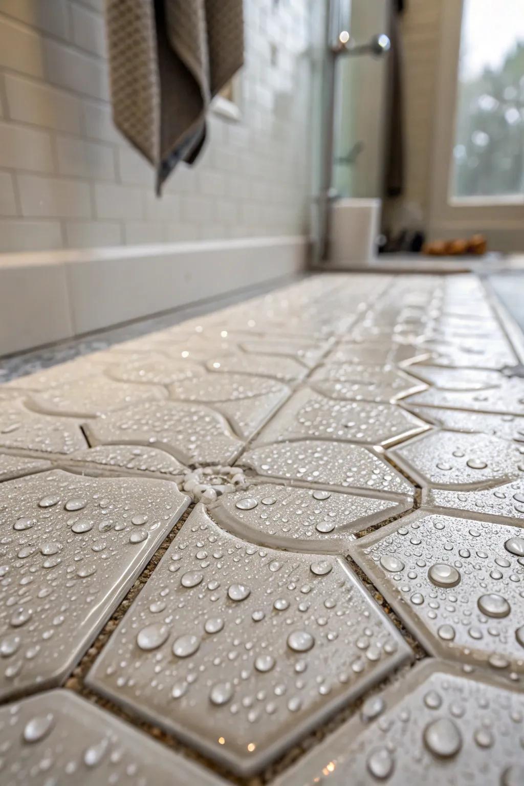 3D tiles create a visually striking and textured shower floor.