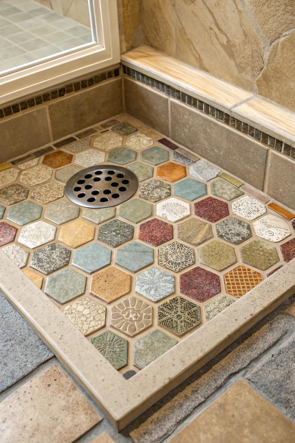 Eco-friendly recycled tiles in various colors and textures make this shower base both beautiful and sustainable.