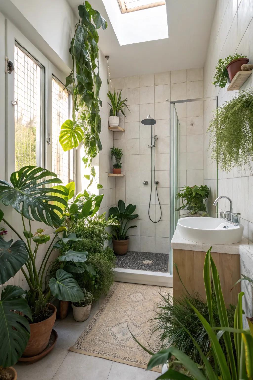 A fresh and lively shower room decorated with indoor plants.