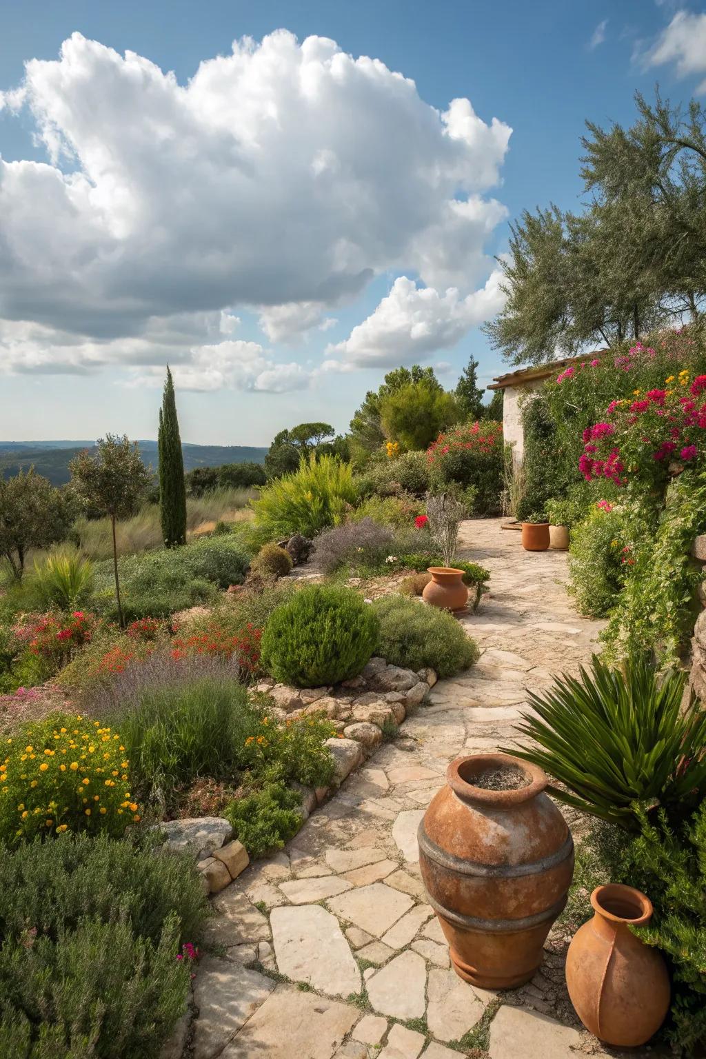 A Mediterranean-inspired garden showcasing robust, drought-tolerant shrubs.