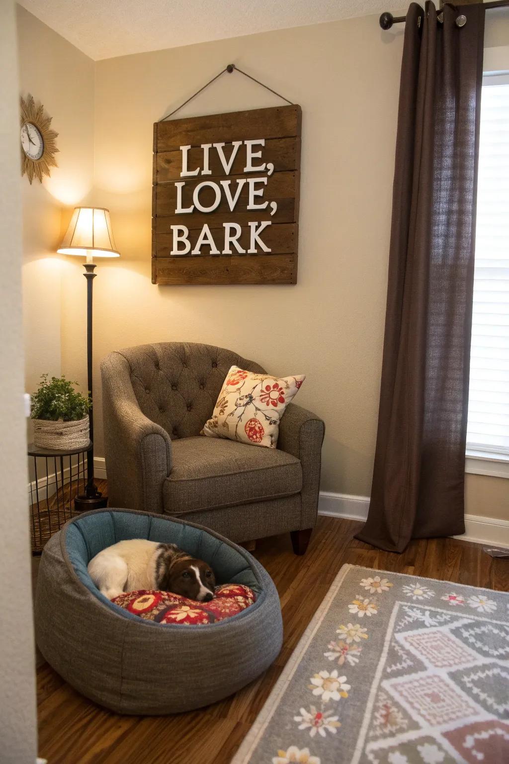 A snug lounge corner featuring a 'Live, Love, Bark' board over a pet bed.