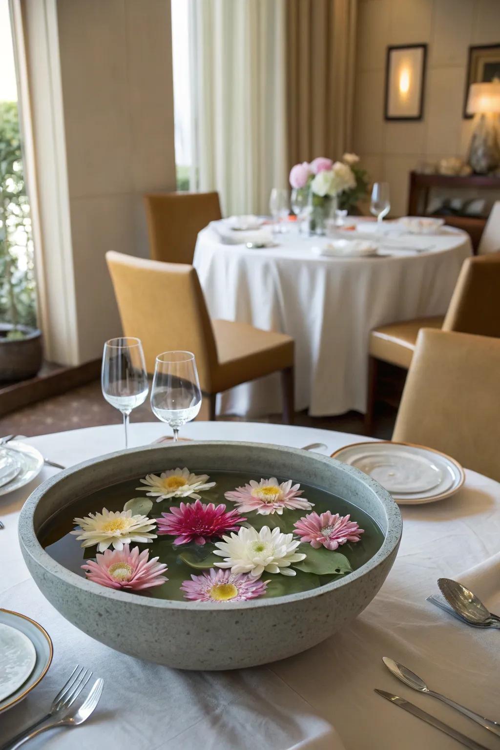 Floating flowers provide a unique and elegant centerpiece.