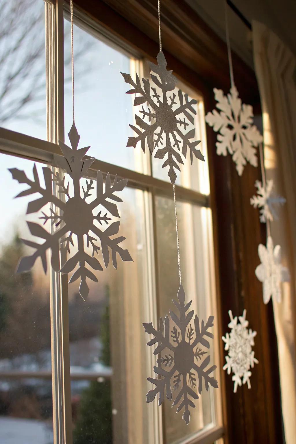 Handcrafted paper snowflakes add a personal touch to your decor.