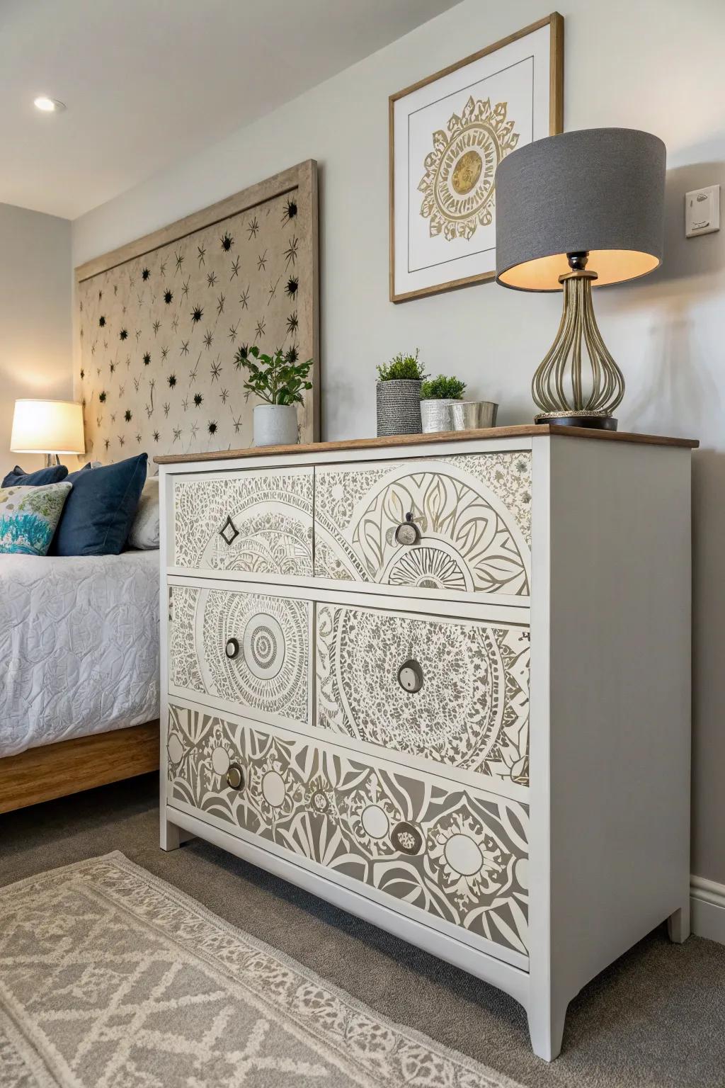 Fractal stencils give an old dresser a fresh and modern update.