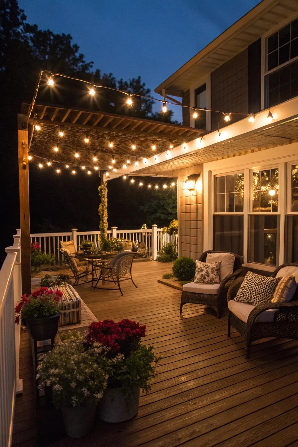 The deck's nighttime atmosphere is enhanced by the addition of string lights.