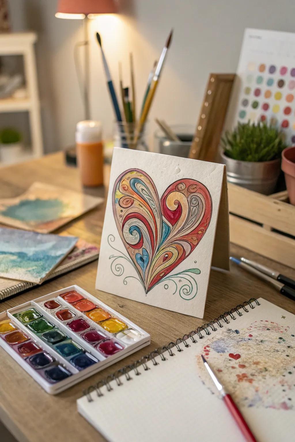 An artistic card with a beautifully painted abstract heart.