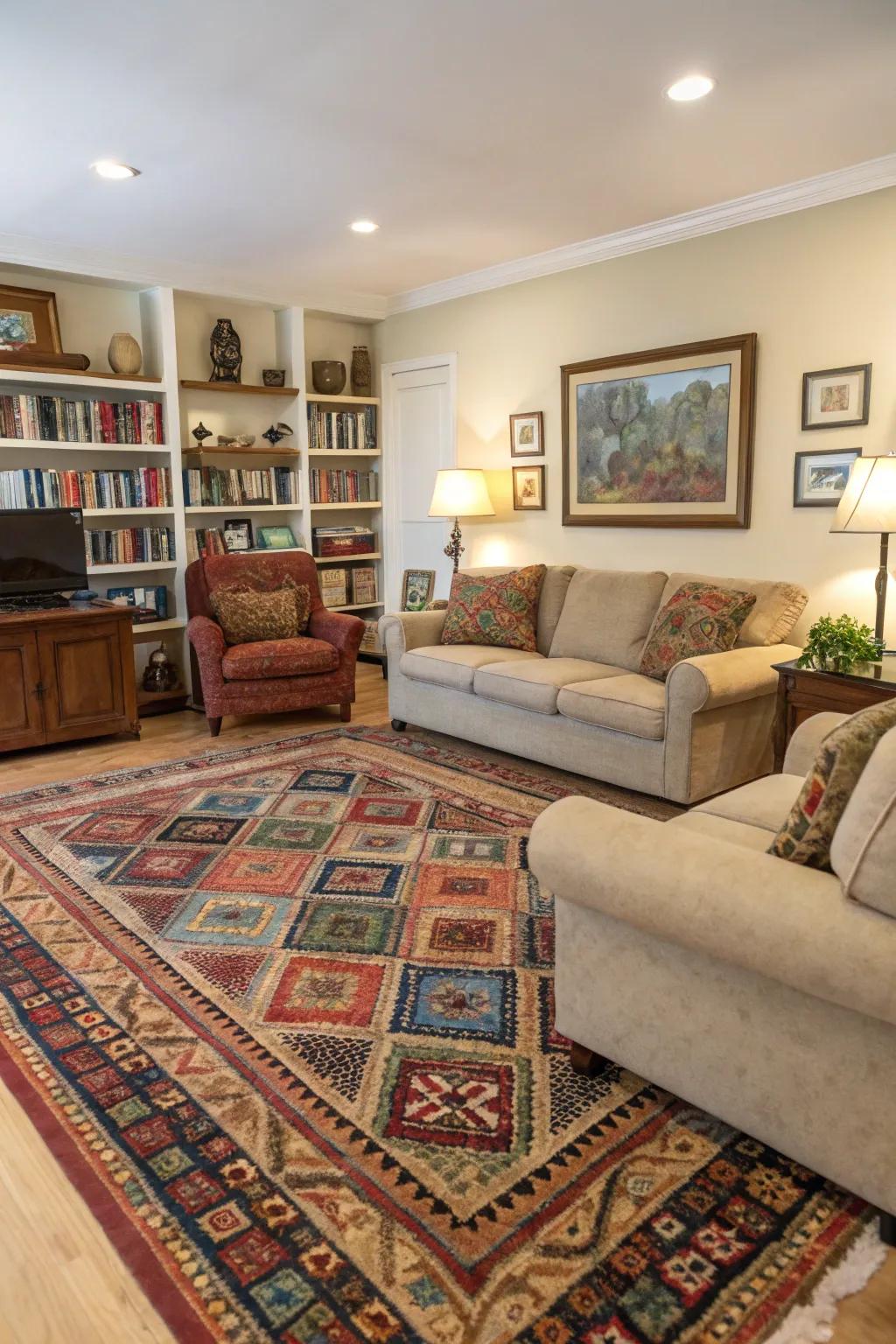 Floor coverings effectively define and anchor living zones.