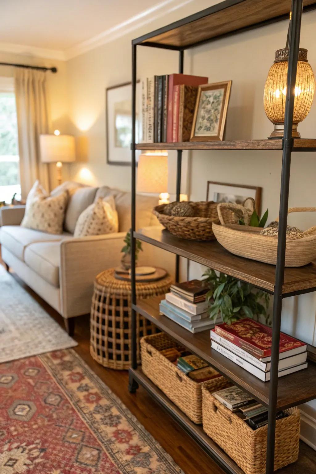 Wall shelves give utility without sacrificing space.