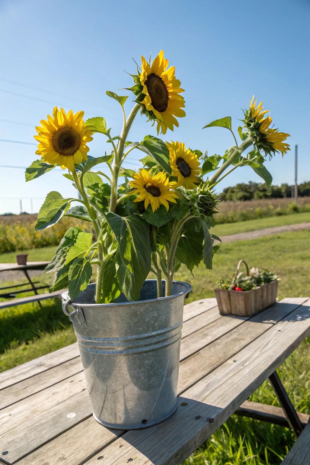 A galvanized pail filled with sunflowers exudes rustic charm.