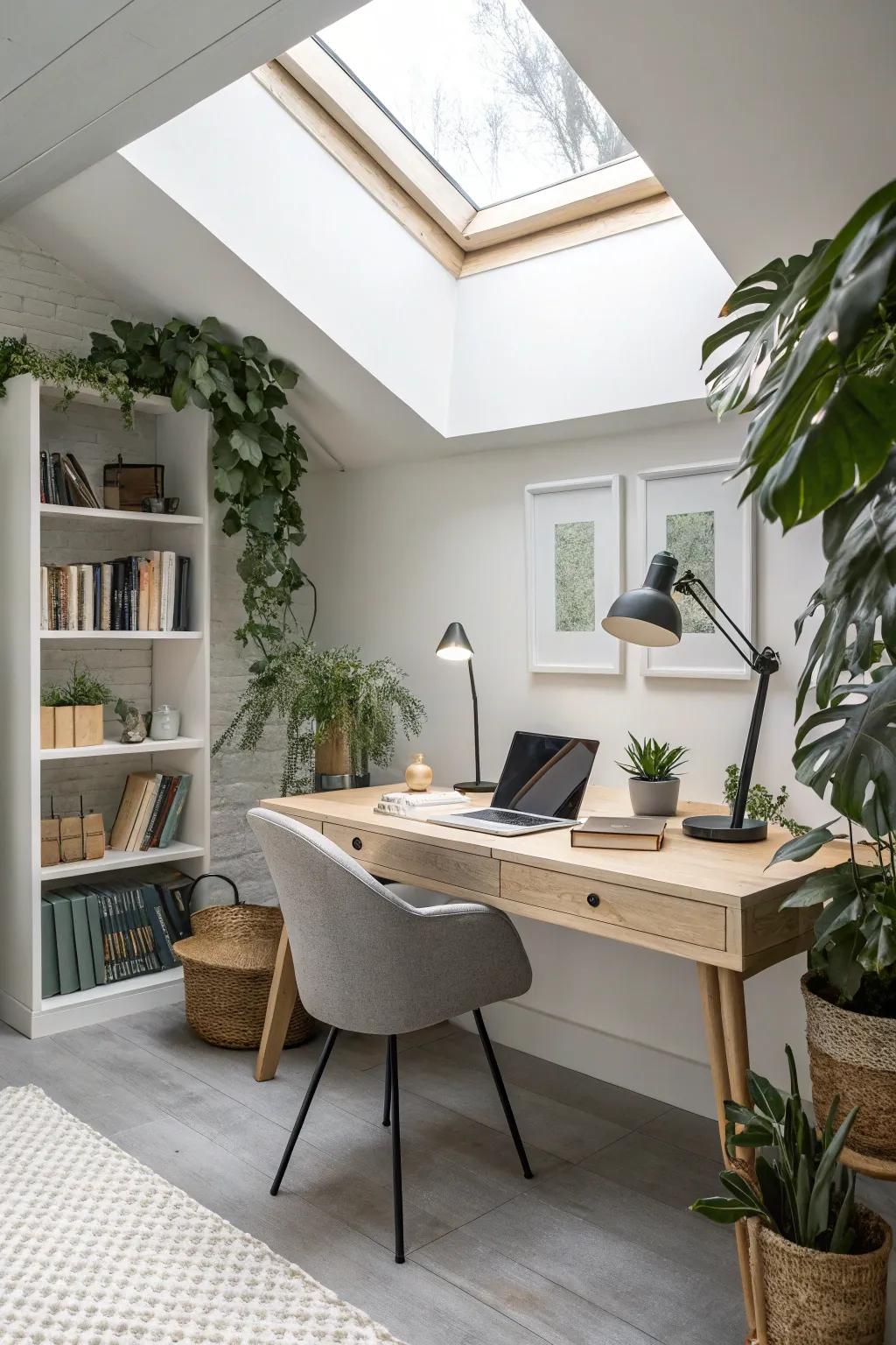 A productive home office bathed in skylight.