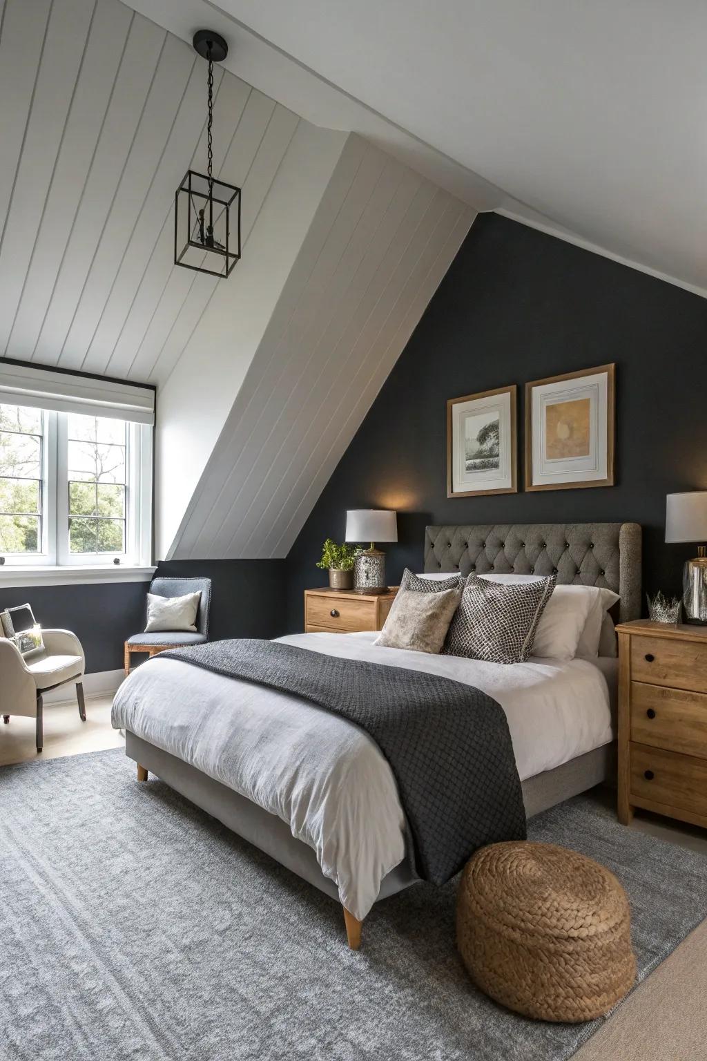 This sophisticated bedroom's dramatic focal point is a dark ceiling.