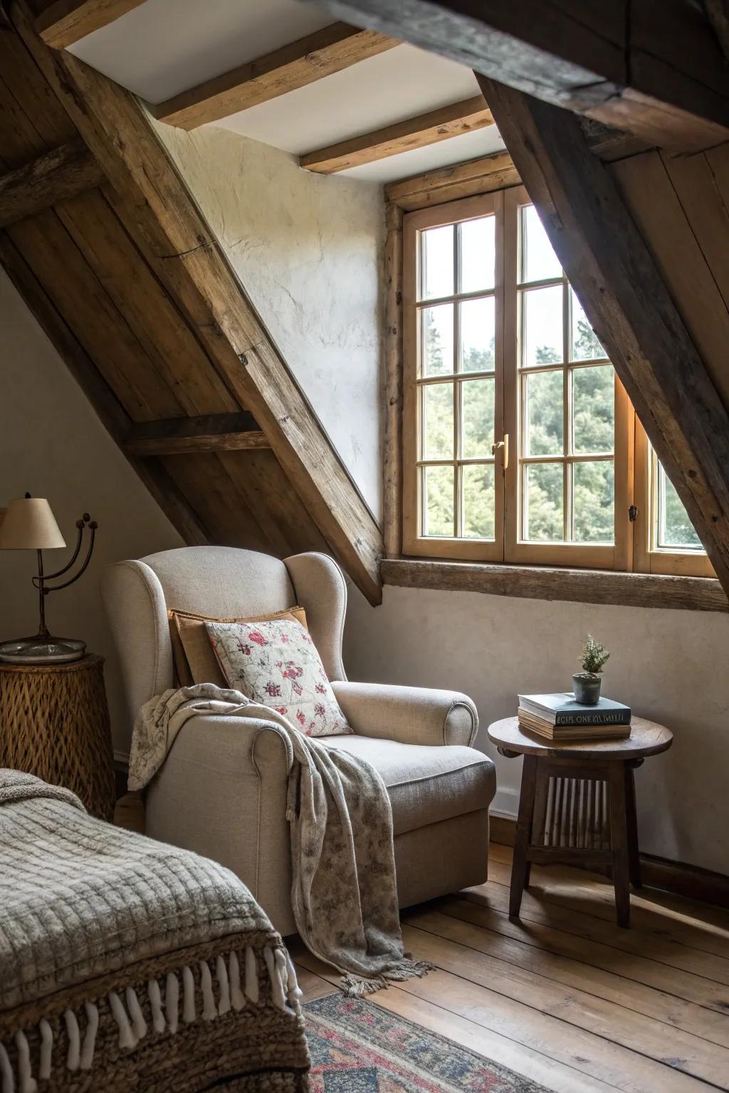 An eave offers extra space and light in this attic bedroom.