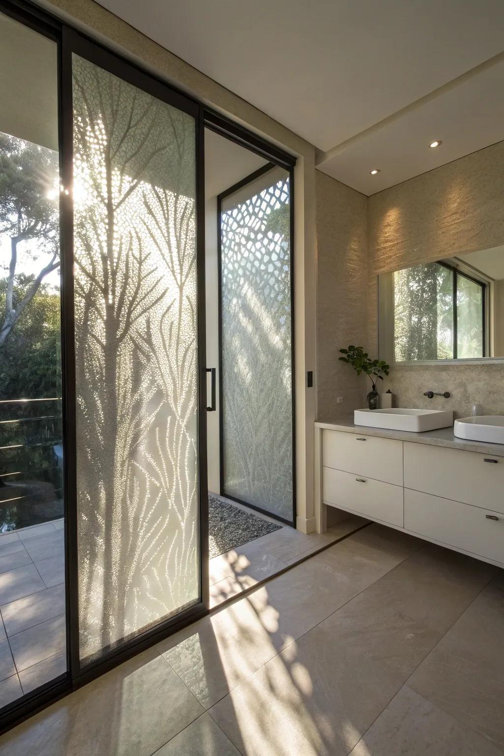This bathroom is made more visually appealing and intriguing by the use of textured glass sliding doors.