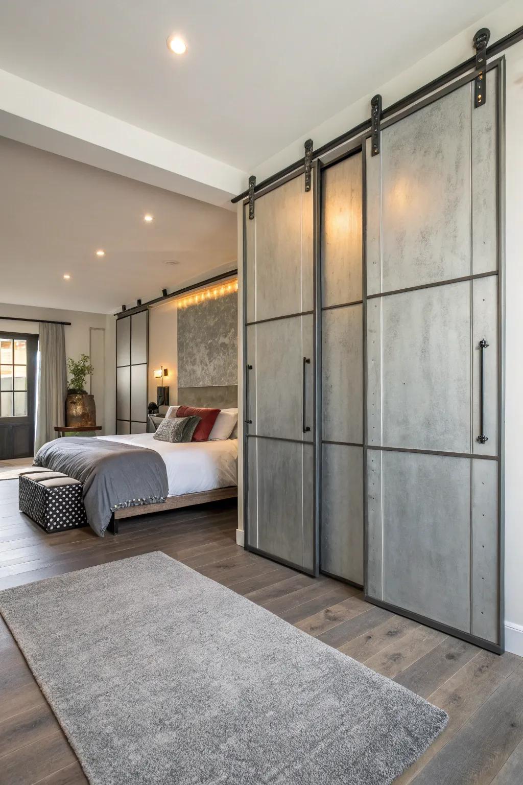 Urban industrial style through striking metal doors.