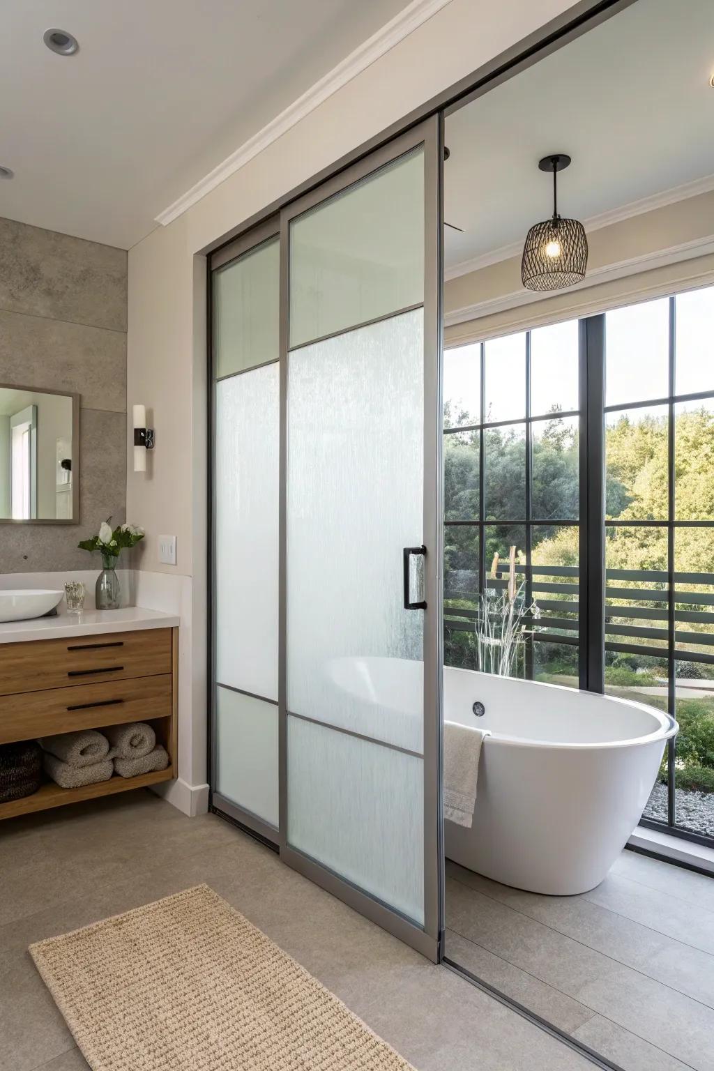 A frosted glass sliding door provides privacy and style in the bathroom.