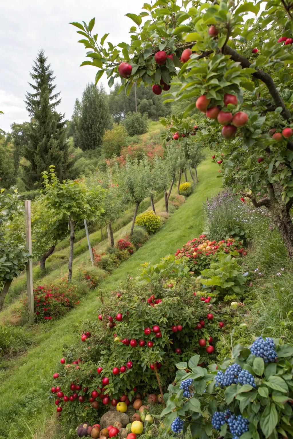 Consumable plants convert this slope into a fruitful haven.