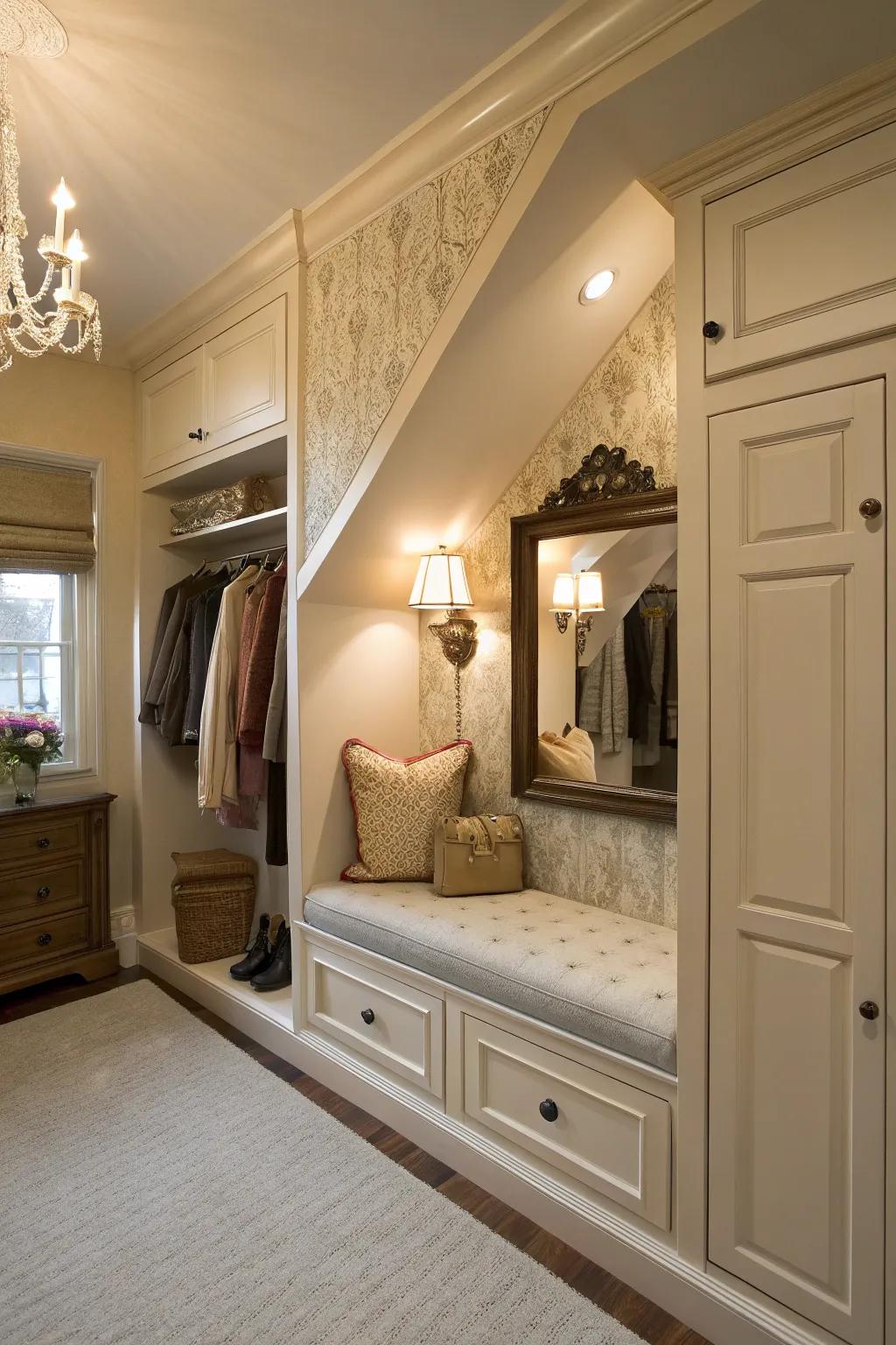 A dressing nook contributes a personal and luxurious touch to your closet.