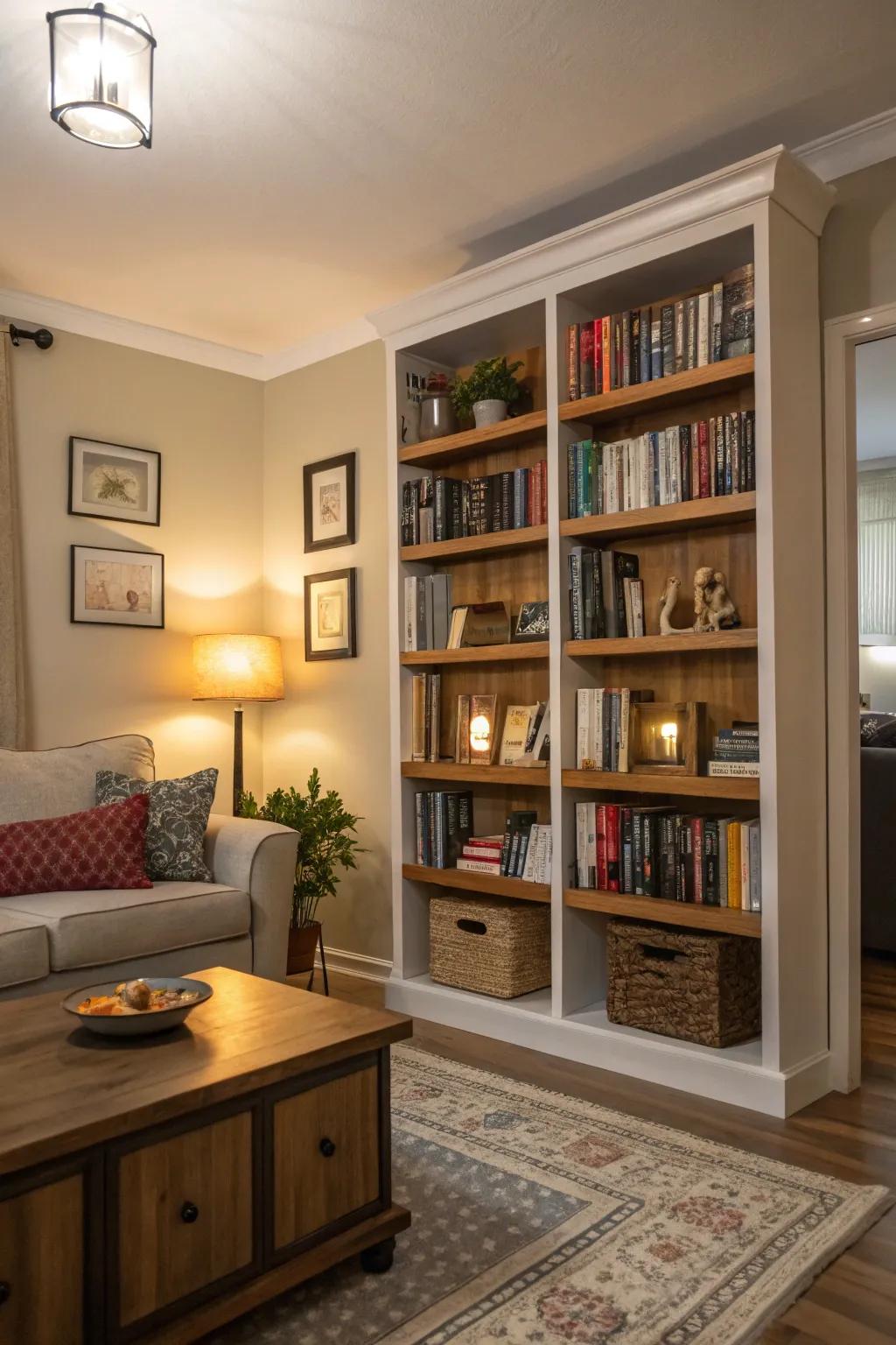 Vertical storage adds visual interest.