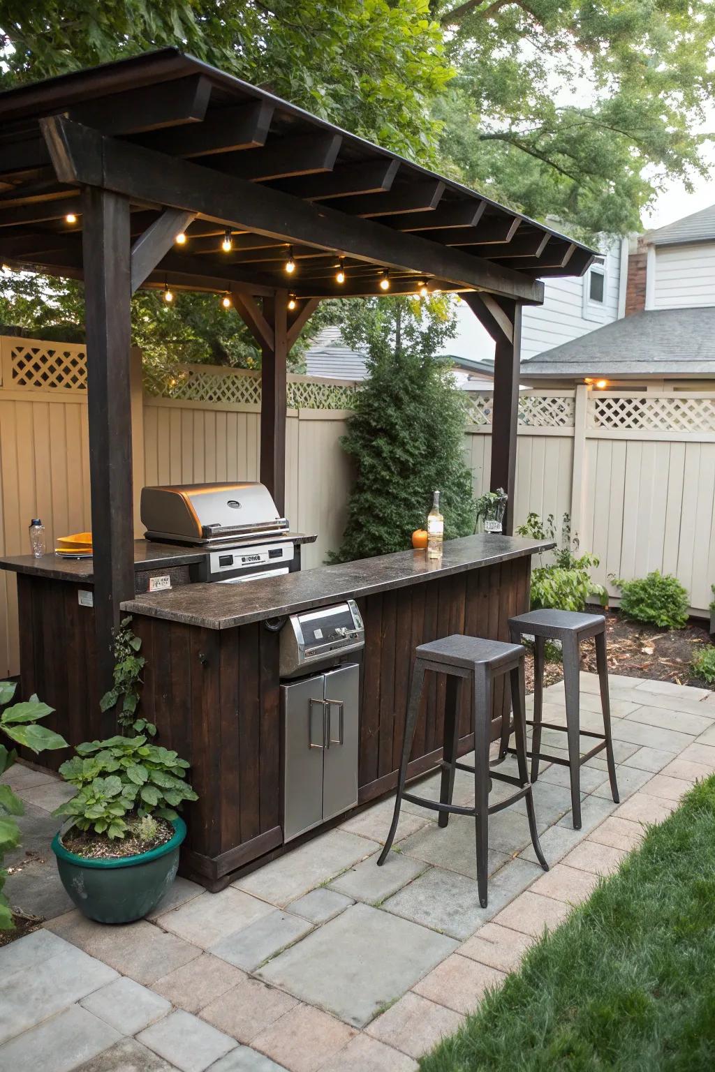 A welcoming bar counter for socializing on a small patio.