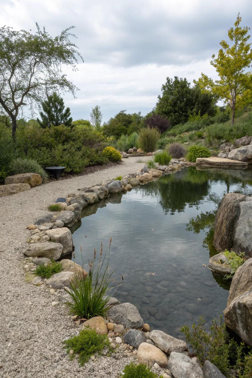 Gravel lining gives this pond a natural and low-maintenance appeal.