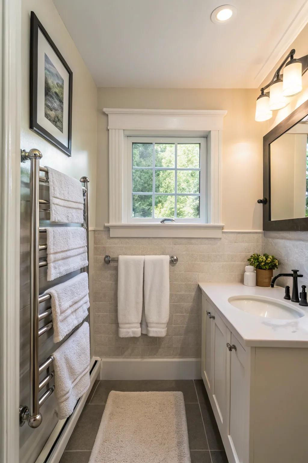 Towel bars with magnets give a modern and simple storage idea.