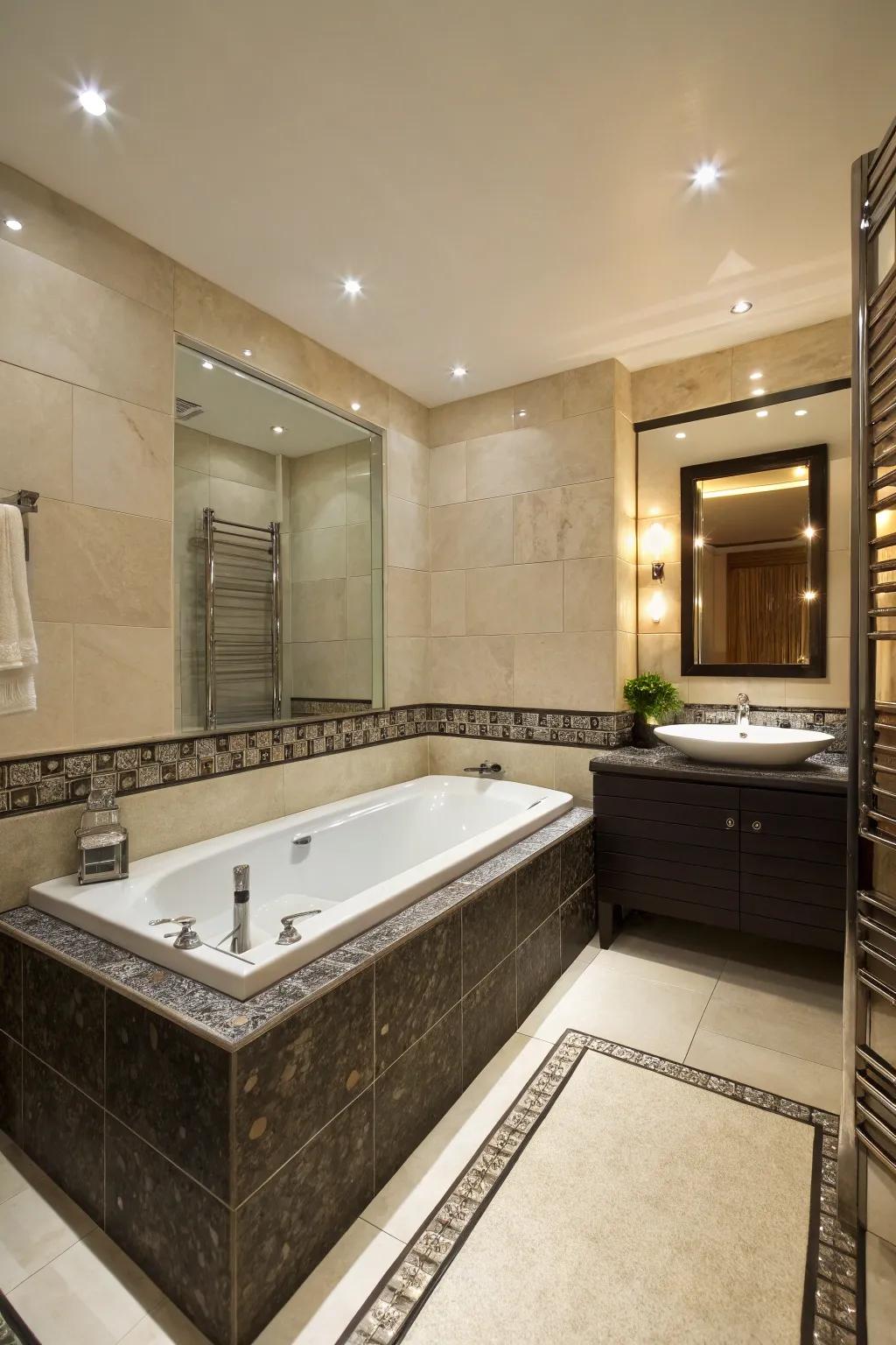 A recessed tub offers a lavish ambiance in a small bathroom.