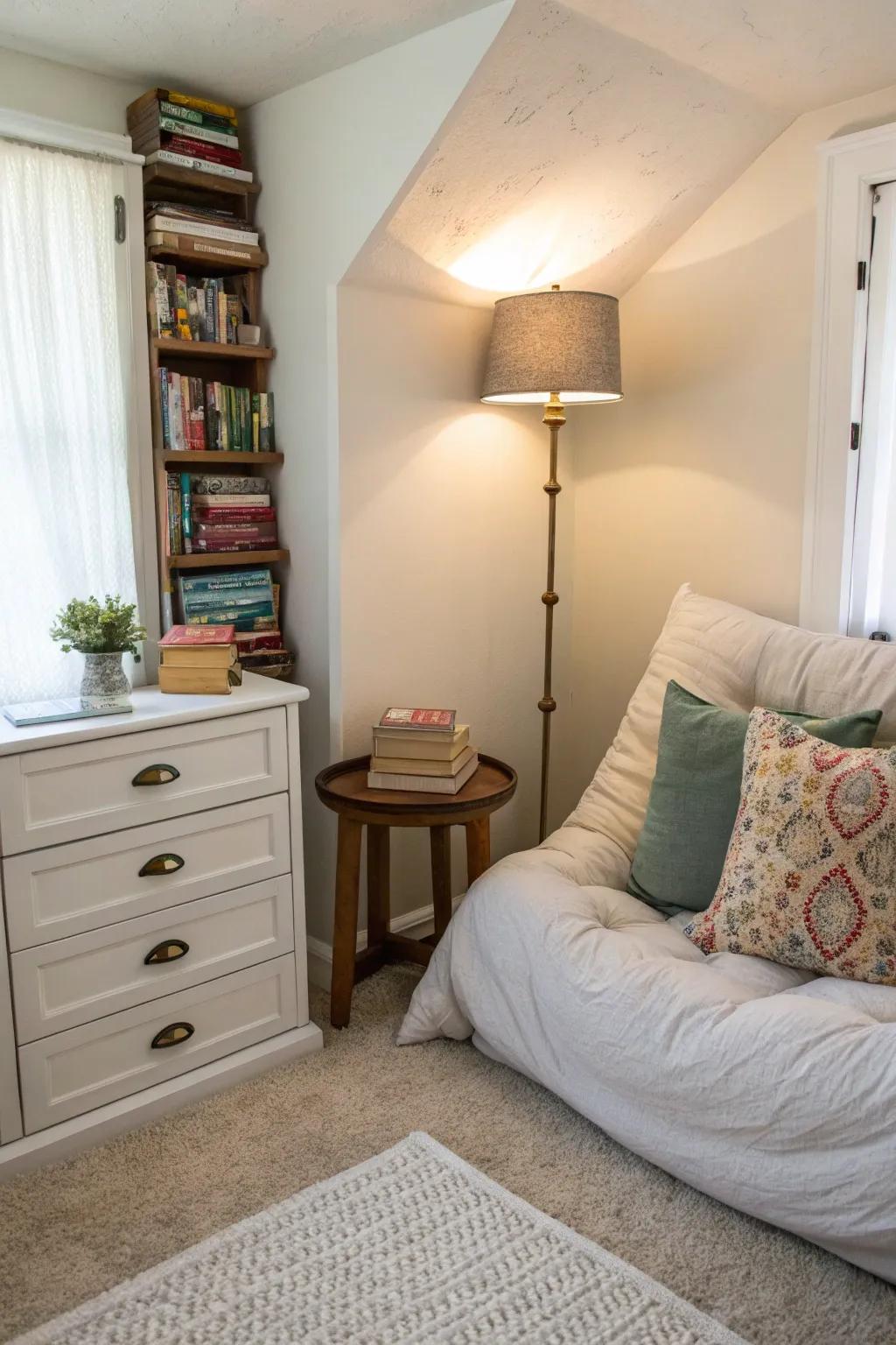 A small bedroom containing a snug reading spot that has been innovatively repurposed.
