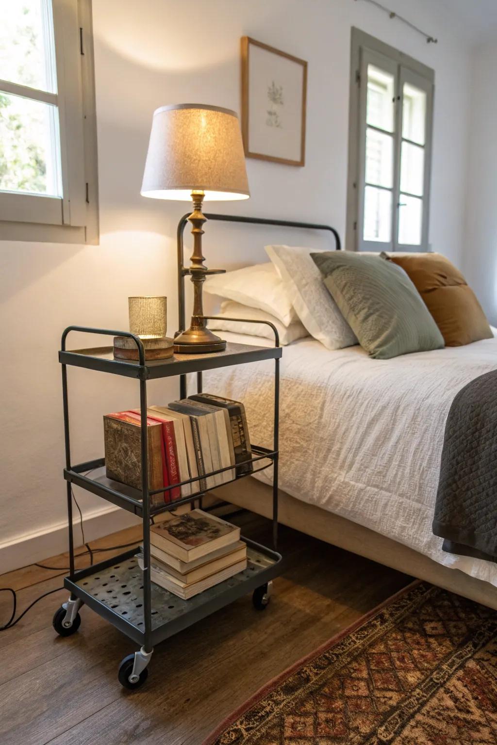 A rolling cart offers mobile convenience as a bedside table.