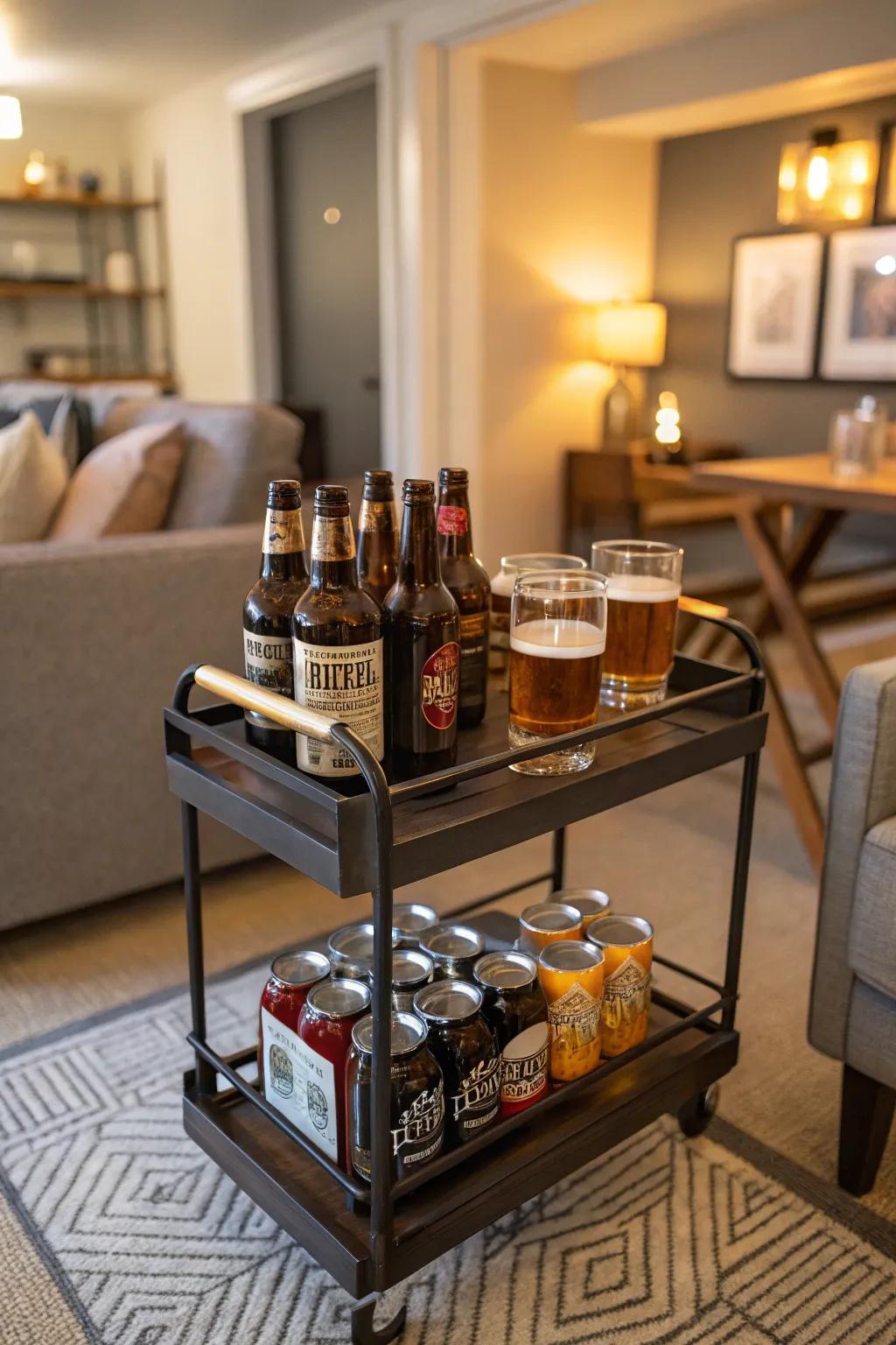 Portable bar trolley beverage display for dynamic entertaining.