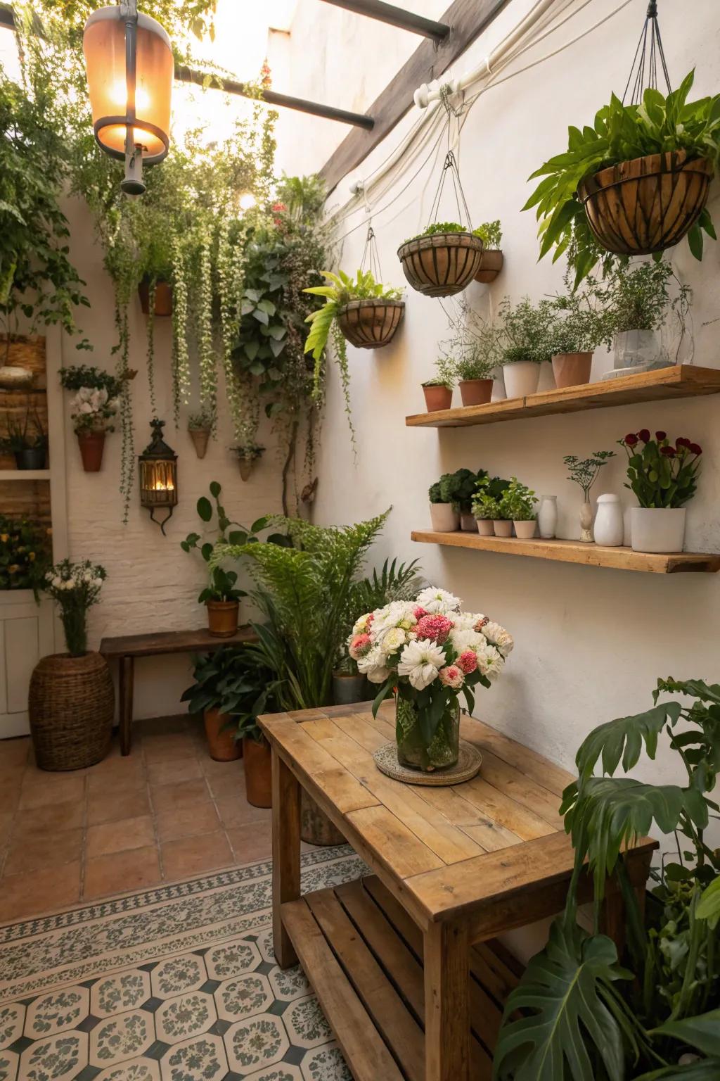 Greenery adds a refreshing touch to this cozy cigar lounge.