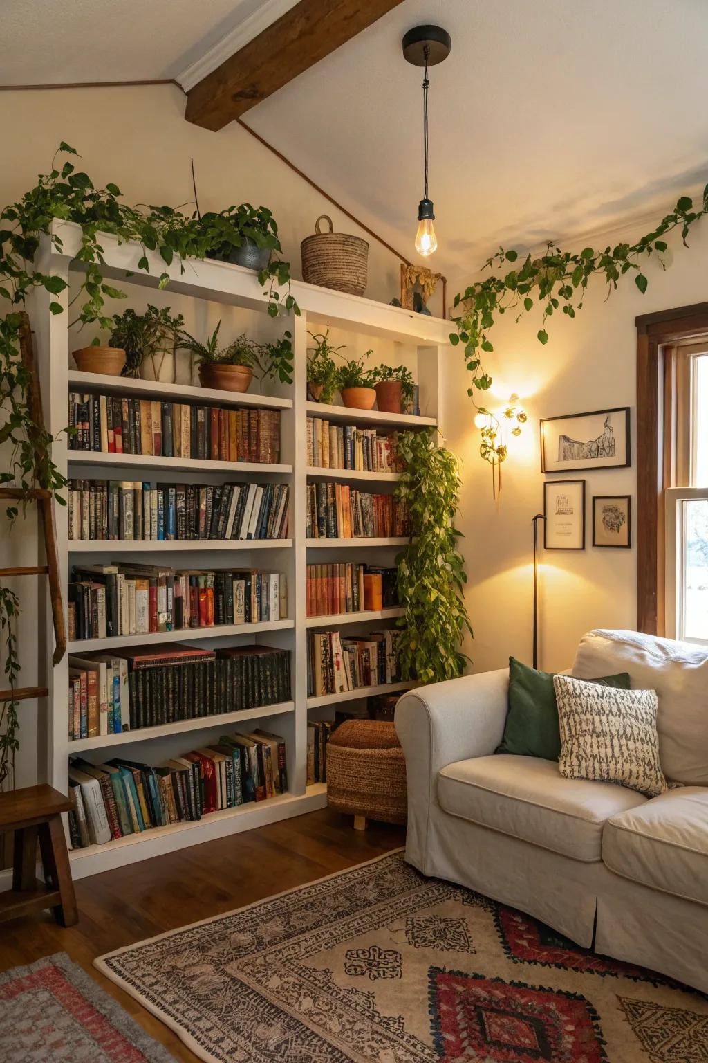 Vertical space is enhanced with shelves and plants in this lounge.
