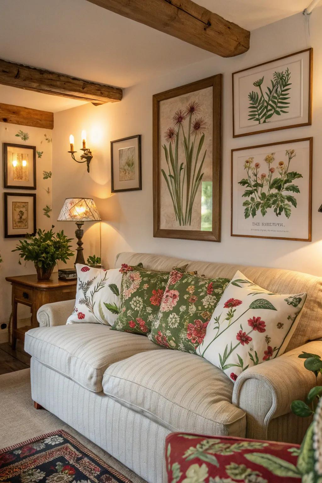 Botanical artwork brings nature's touch to this cozy living space.