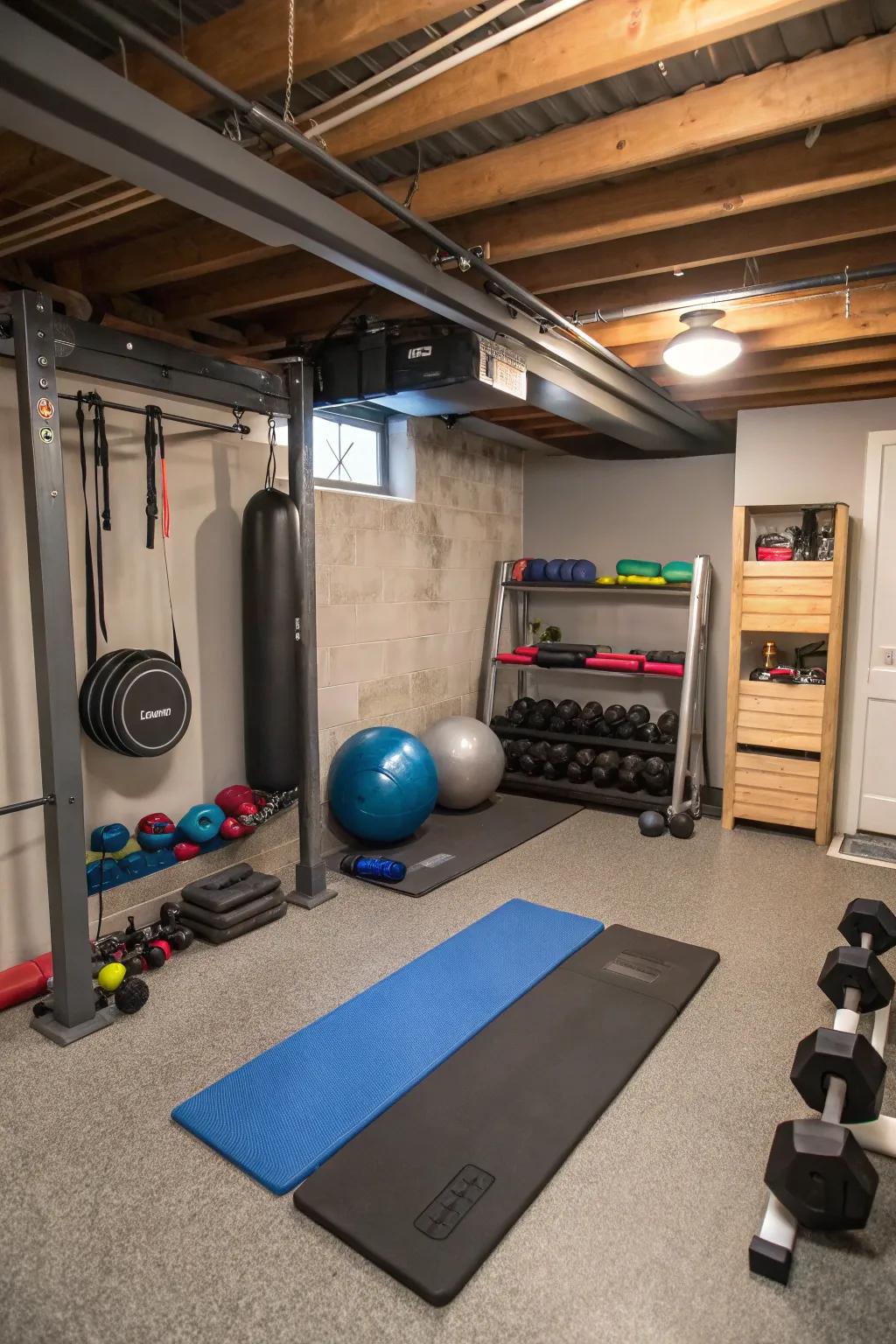 Build your personal fitness sanctuary with a basement in-home fitness area.