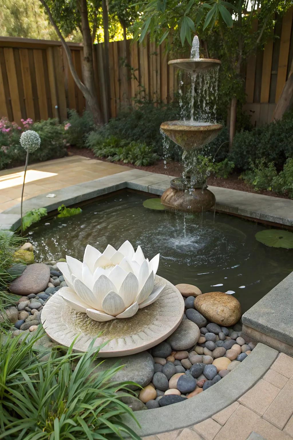 A floating lotus fountain brings serenity and elegance.