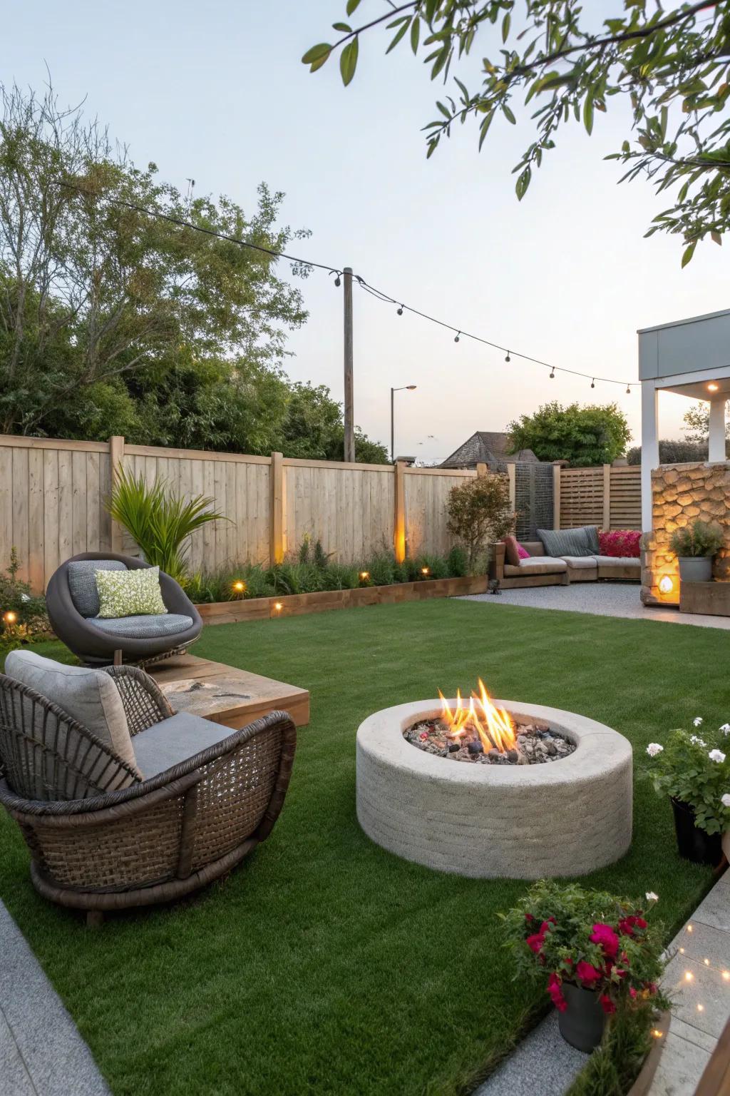 A cozy fire pit area surrounded by artificial turf.