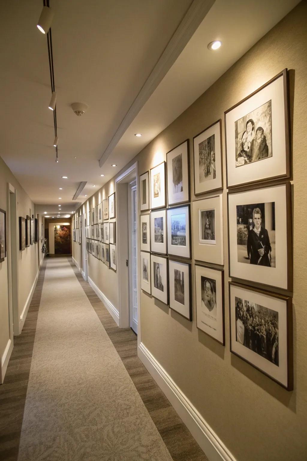 A photo gallery adds a personalized and elegant touch to your hallway.