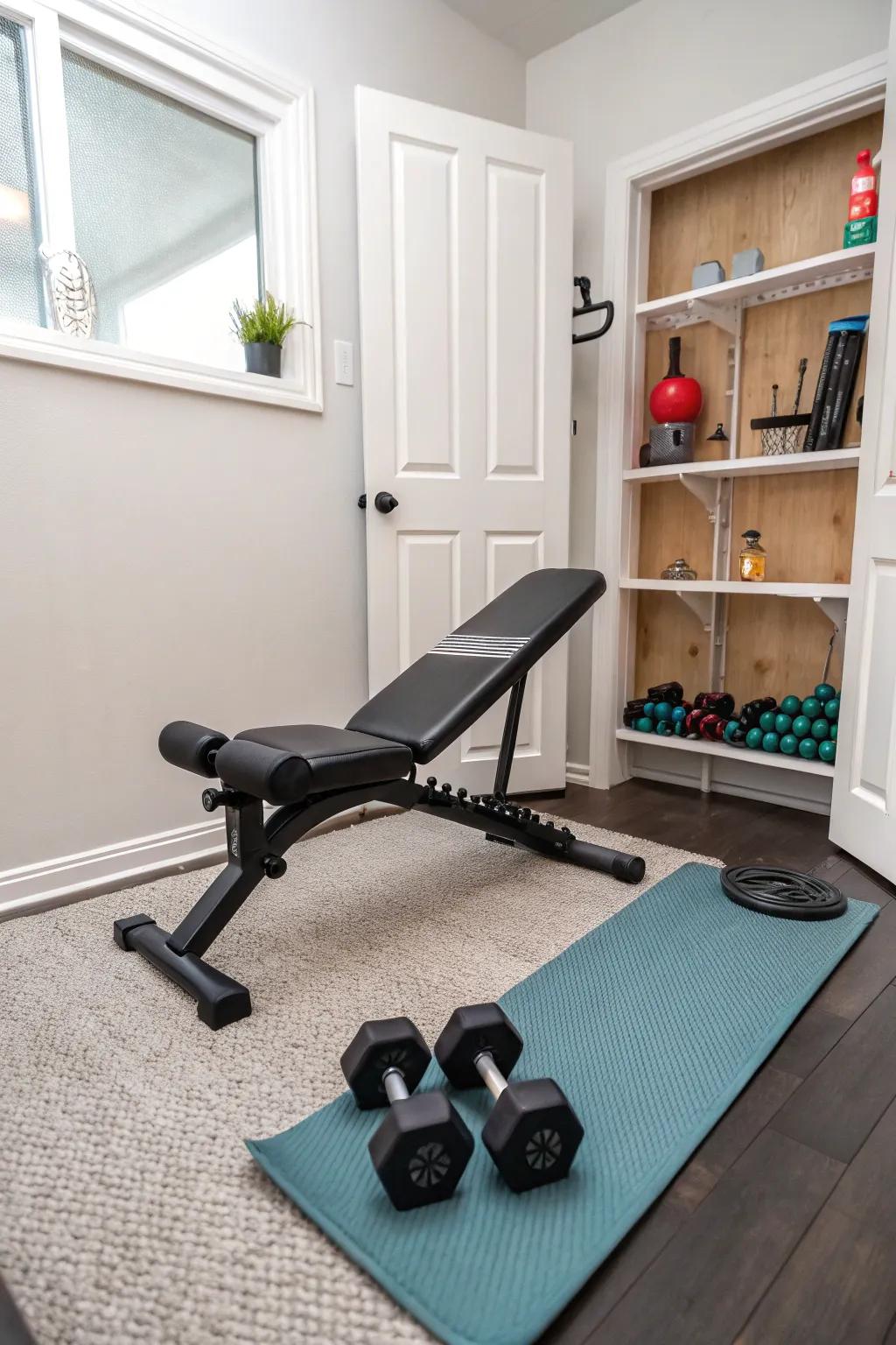 An adaptable bench lets you do many workouts in a tight space.