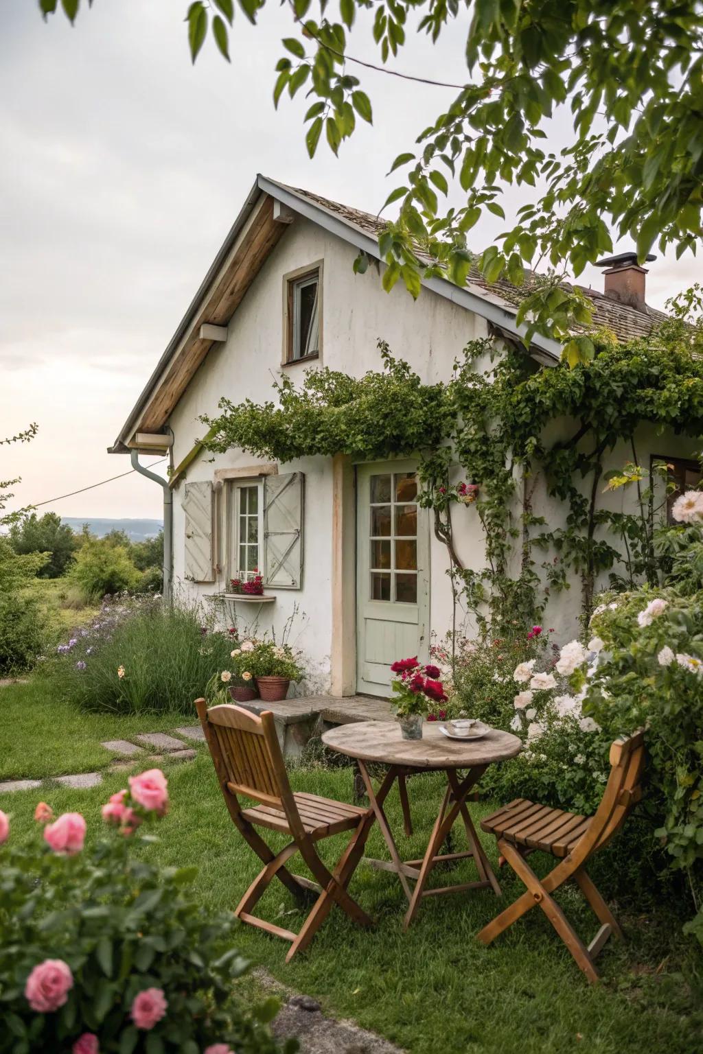 An outdoor seating corner provides a comfortable location for relaxation.
