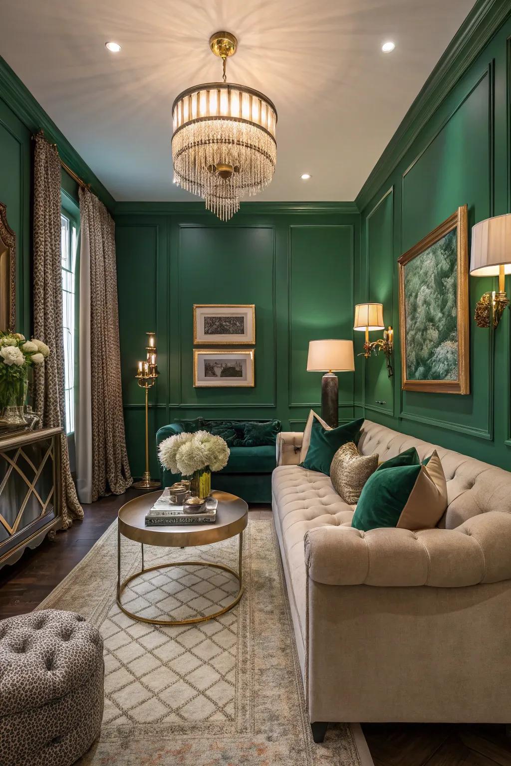 A small living room showcasing emerald walls for a luxurious accent.