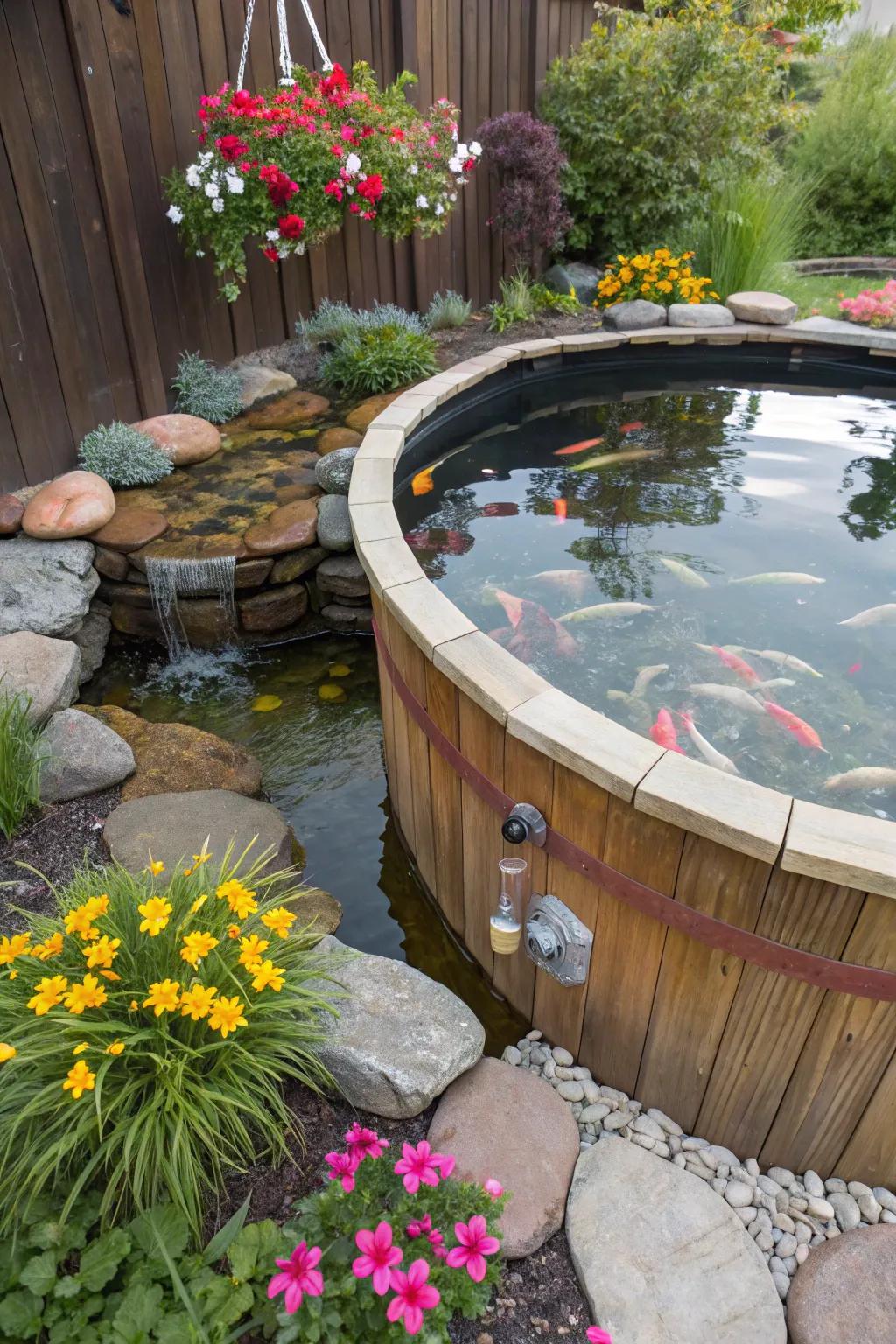 A whimsical fish haven born from a converted hot tub.