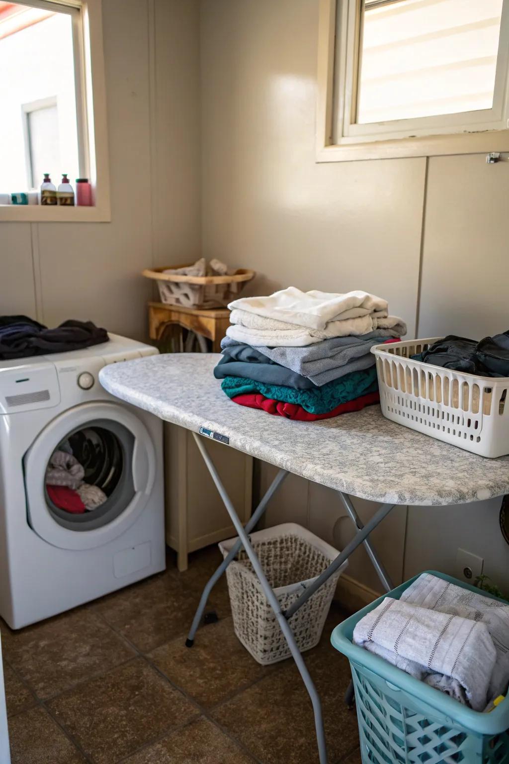 A folding table makes it easy to work without taking up space.