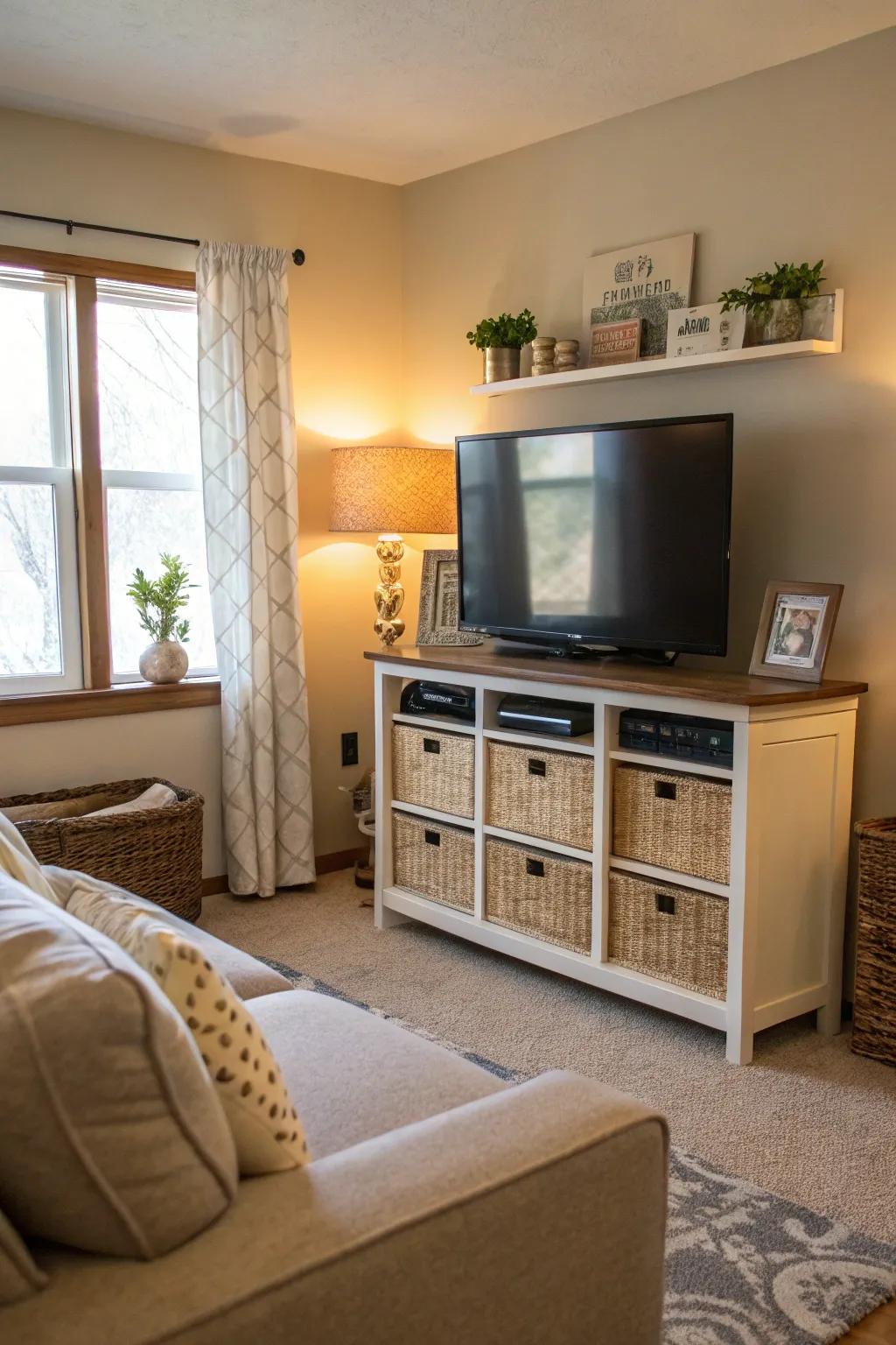 A TV stand with storage keeps your media essentials tidy.