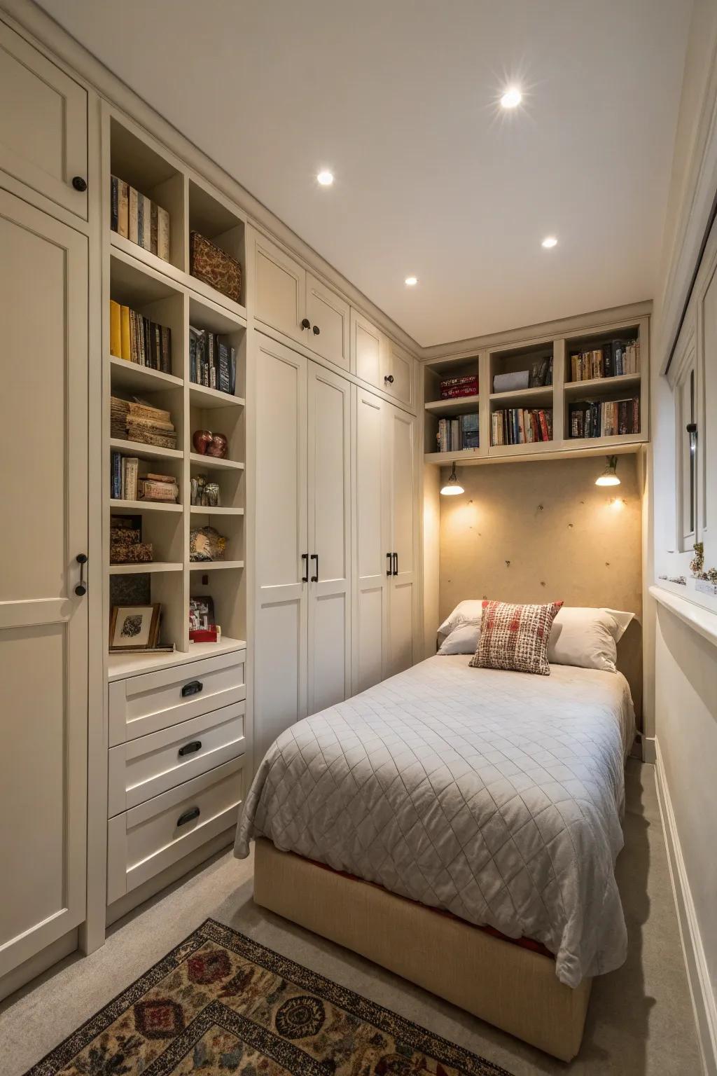 Vertical storage solutions maximize space in a small master bedroom.