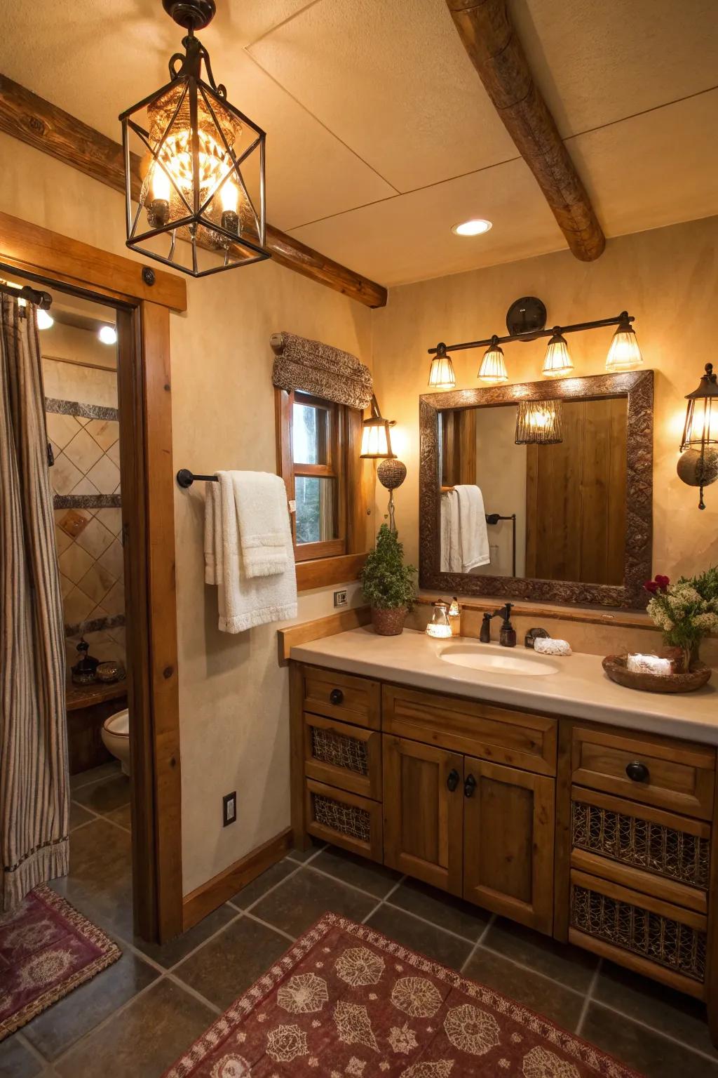 Country lighting adds warmth to a bathroom.