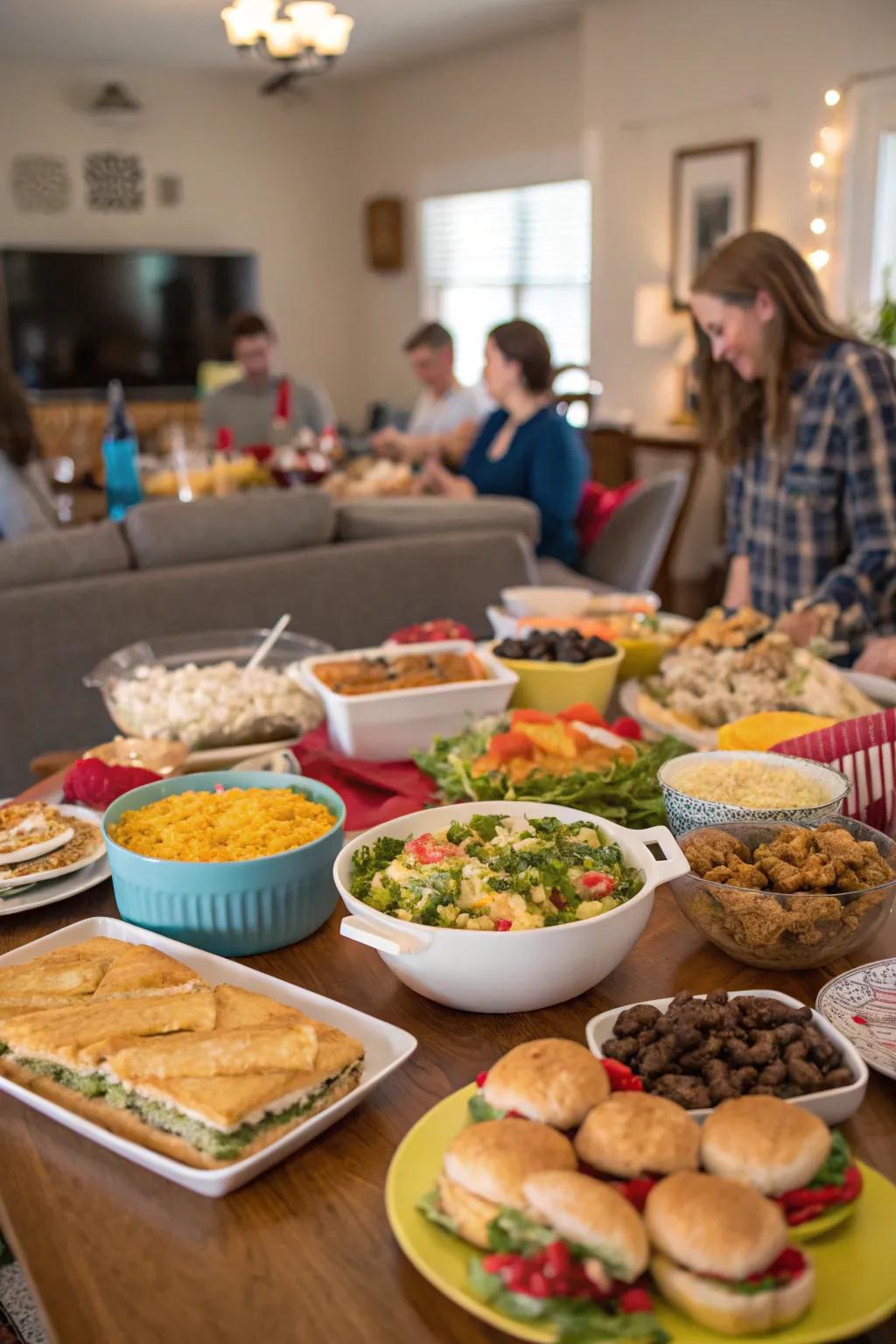 A shared dish gathering arrangement with a variety of dishes on the table.