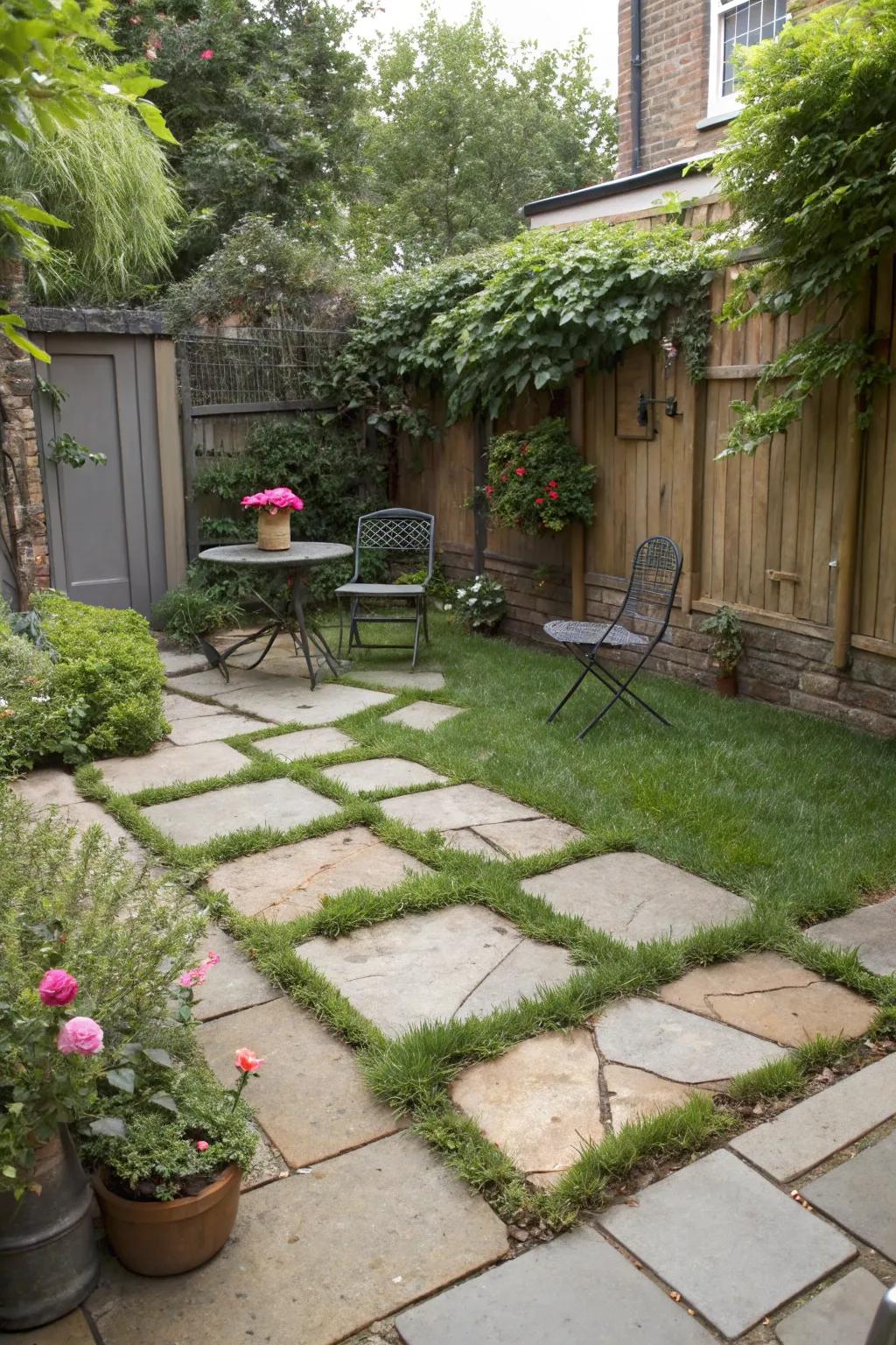 A small patio featuring a natural blend of pavers and grass.